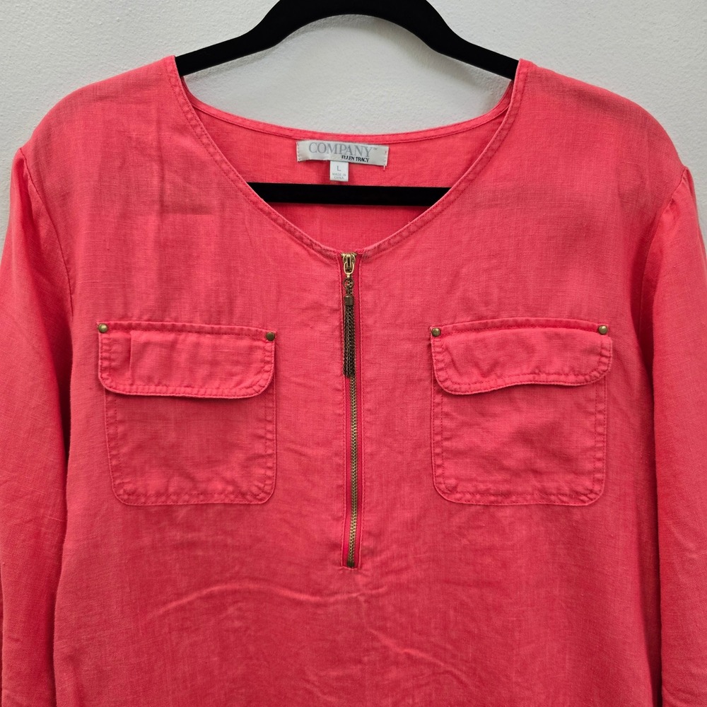Company Ellen Tracy Coral Pink‎ Linen Half Zip Roll Tab Sleeve Tunic Top Large - Picture 2 of 6